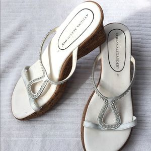 Athena Alexander White Wedge Sandal with Rhinestone Crystals Size US 8 IT 39
